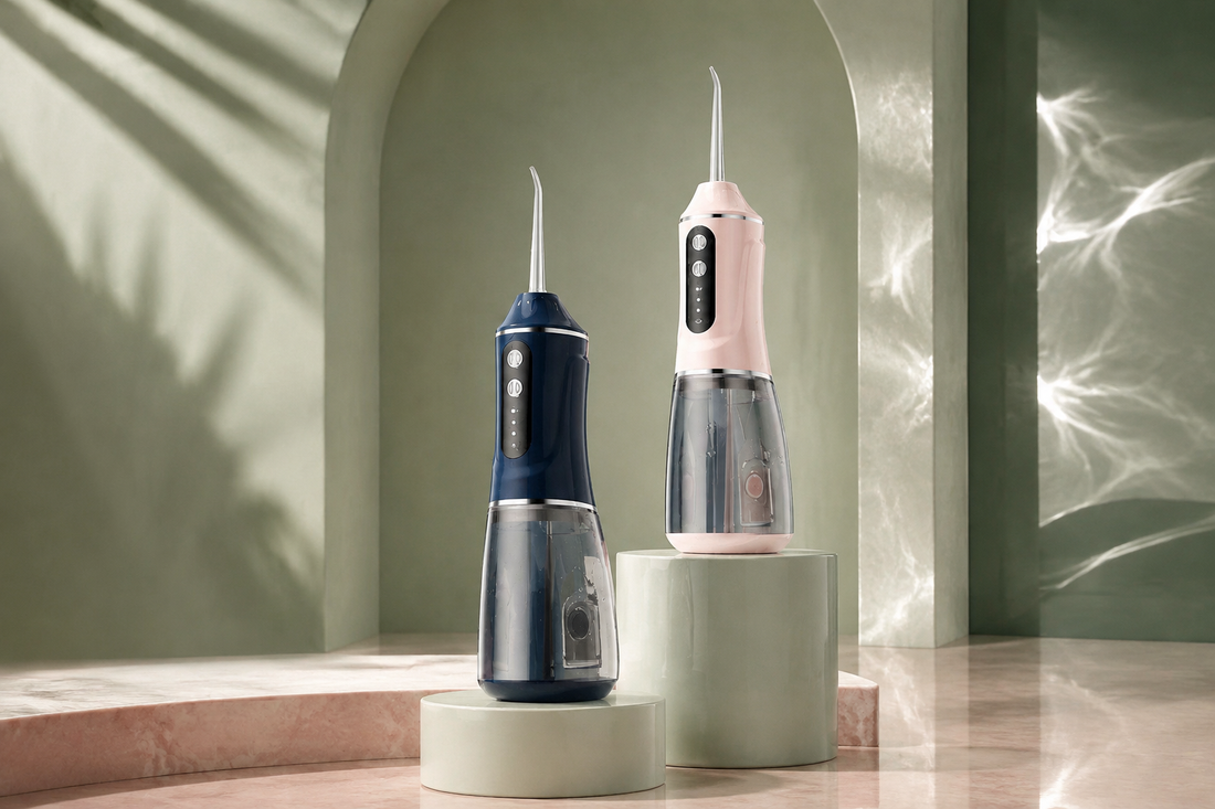Hydropulseurs AquaPulse One bleu et rose dans une mise en scène ORALYA