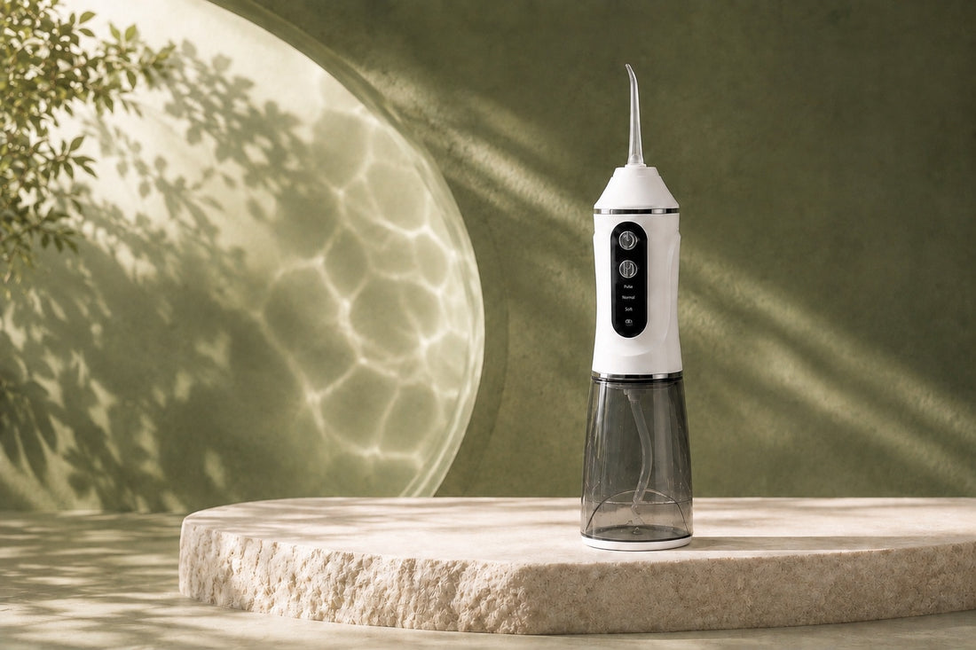 AquaPulse One blanc sur pierre claire, dans une mise en scène ORALYA aux reflets lumineux