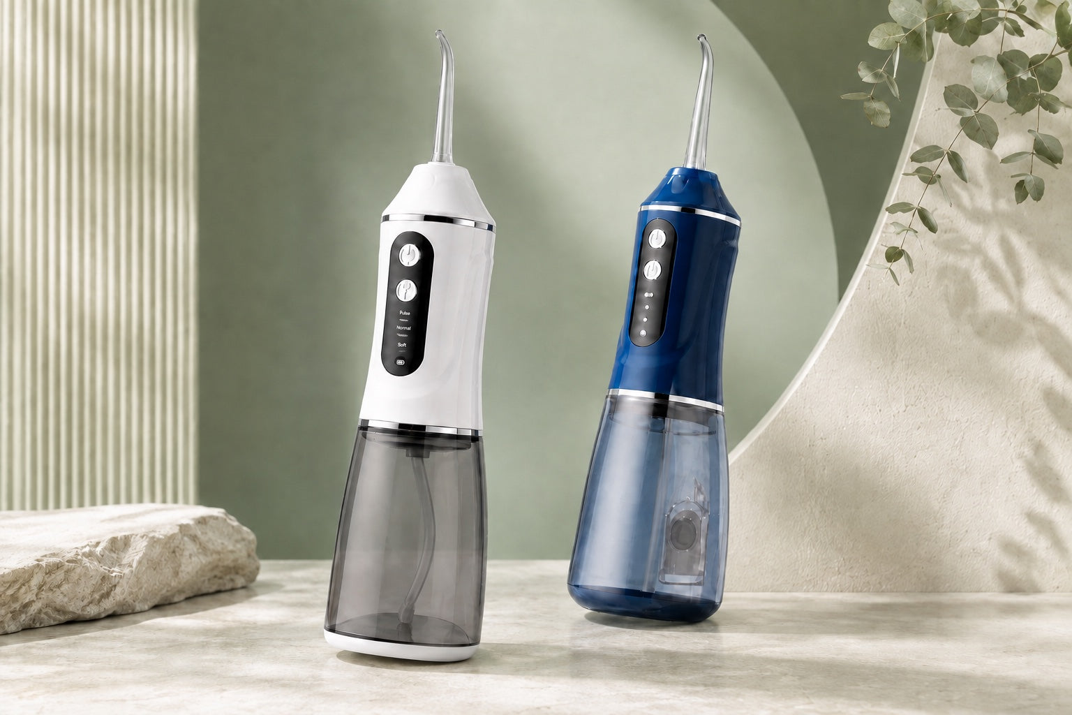 Deux hydropulseurs AquaPulse One blanc et bleu présentés ensemble