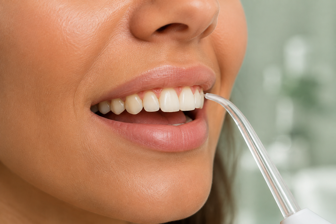 Gros plan de dents naturelles et de l’embout transparent placé près de la ligne des gencives, avant activation