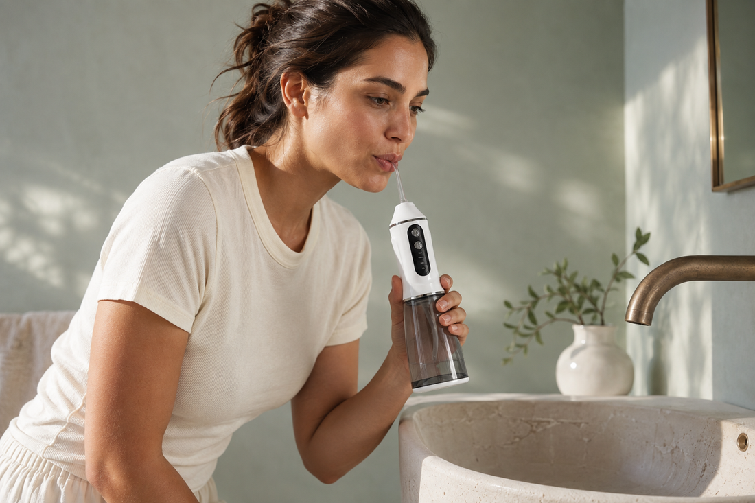 Une personne place l’embout de son hydropulseur AquaPulse One en bouche au-dessus du lavabo